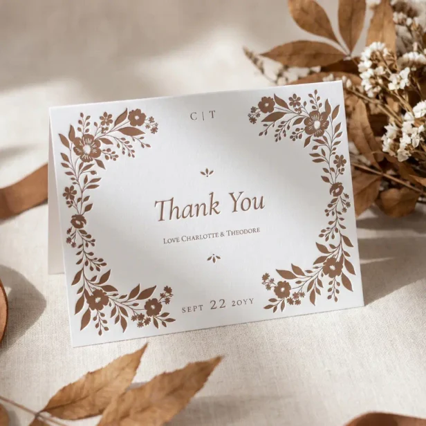 Elegant Floral Botanical Leaf Monogram Wedding Letterpress Thank You Card