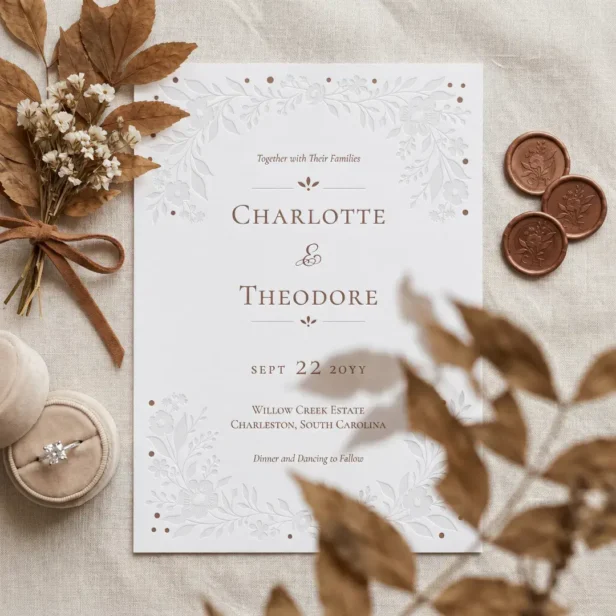 Elegant Floral Leaf Botanical Frame Wedding Suite Letterpress Invitation