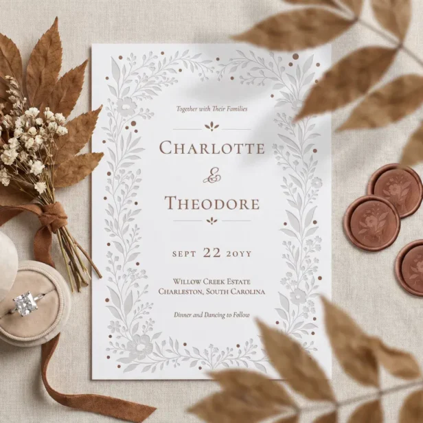 Elegant Floral Leaf Botanical Frame Wedding Suite Letterpress Invitation