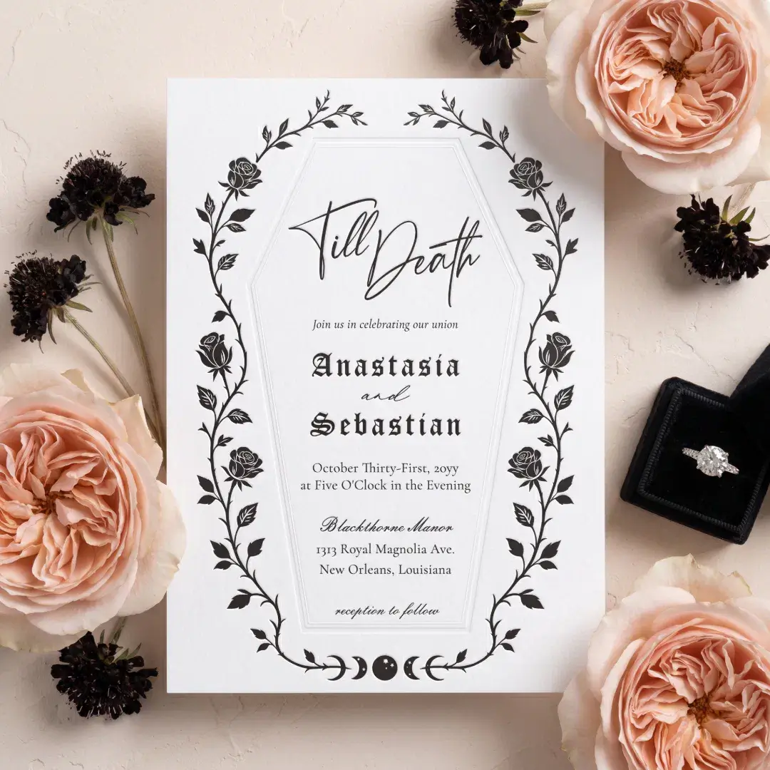 Elegant Floral Rose Gothic Till Death Wedding Letterpress Invitation