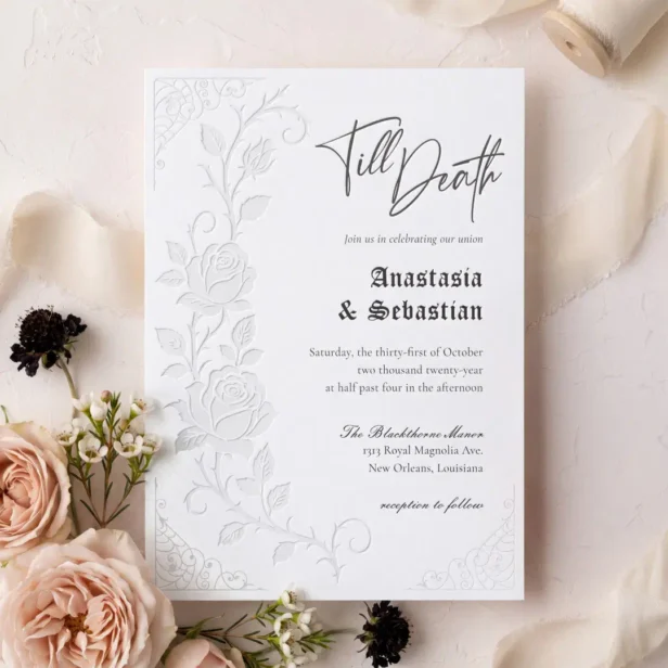 Elegant Floral Rose Gothic Till Death Wedding Letterpress Invitation