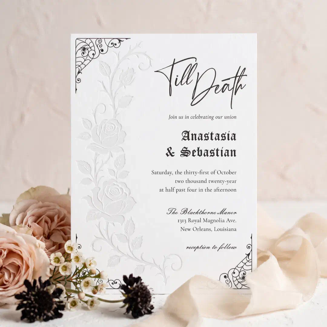 Elegant Floral Rose Gothic Till Death Wedding Letterpress Invitation