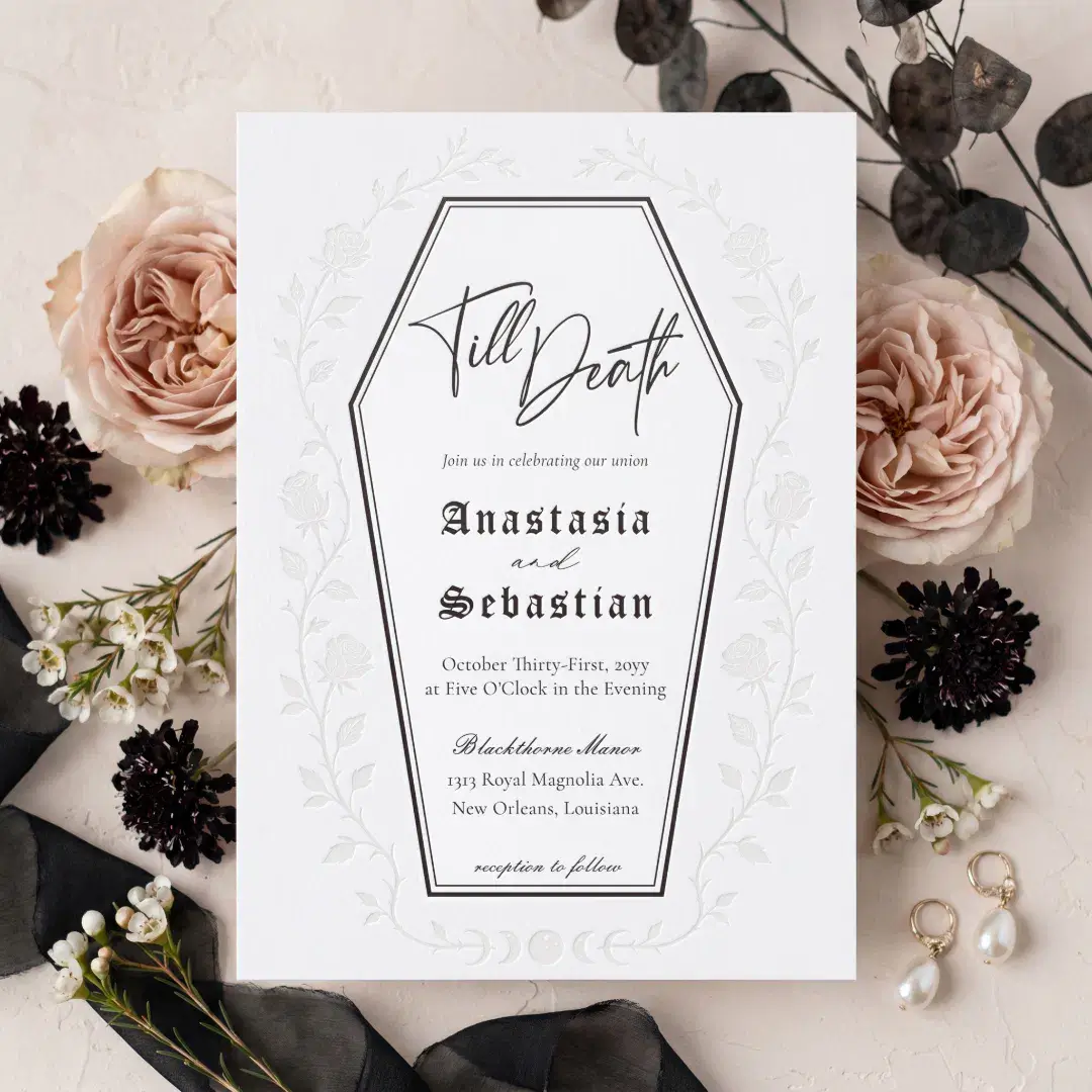 Elegant Floral Rose Gothic Till Death Wedding Letterpress Invitation