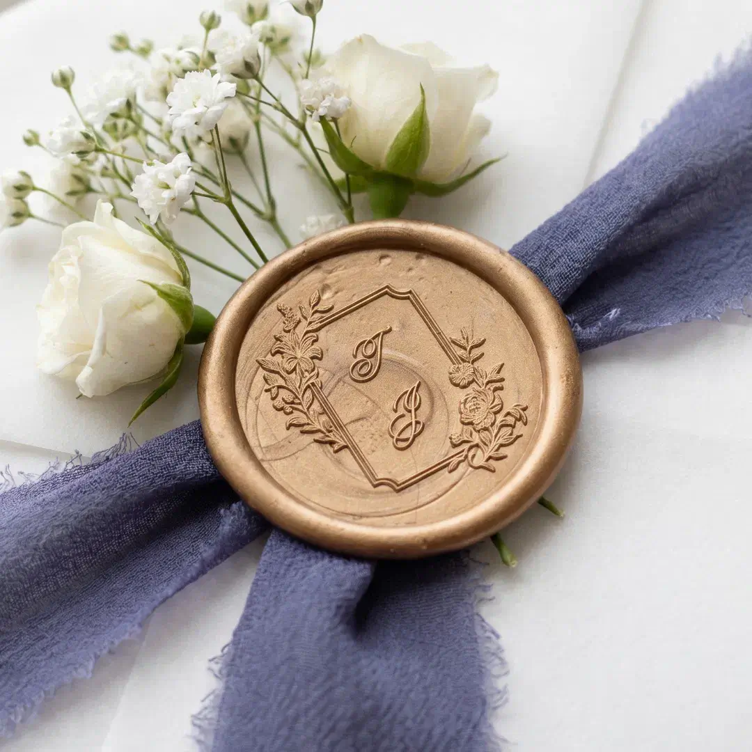 Elegant Hand-Drawn Floral Monogram Crest Wedding Wax Seal Sticker