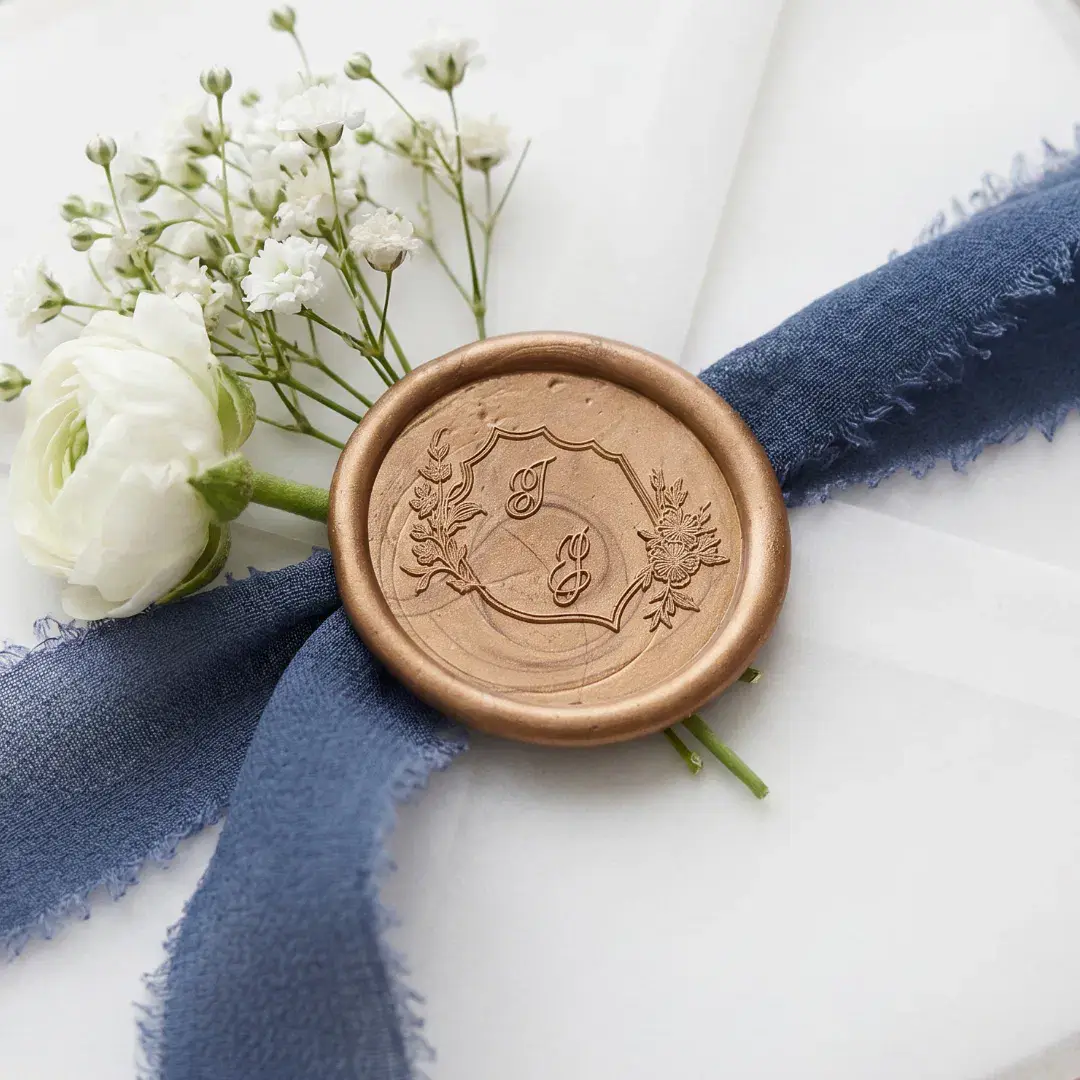 Elegant Hand-Drawn Floral Monogram Crest Wedding Wax Seal Sticker