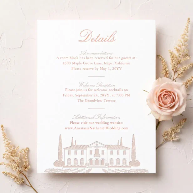 Elegant Hand Drawn Wedding Venue Sketch Details Letterpress Enclosure Card
