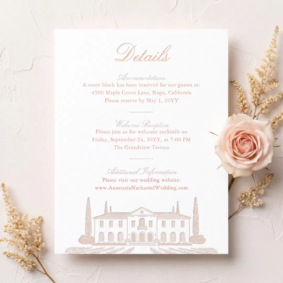 Elegant Hand Drawn Wedding Venue Sketch Details Letterpress Enclosure Card