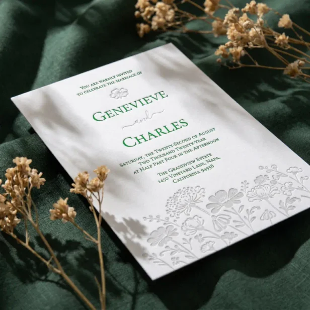 Elegant Hand-Drawn Wildflower Botanical Wedding Letterpress Invitation