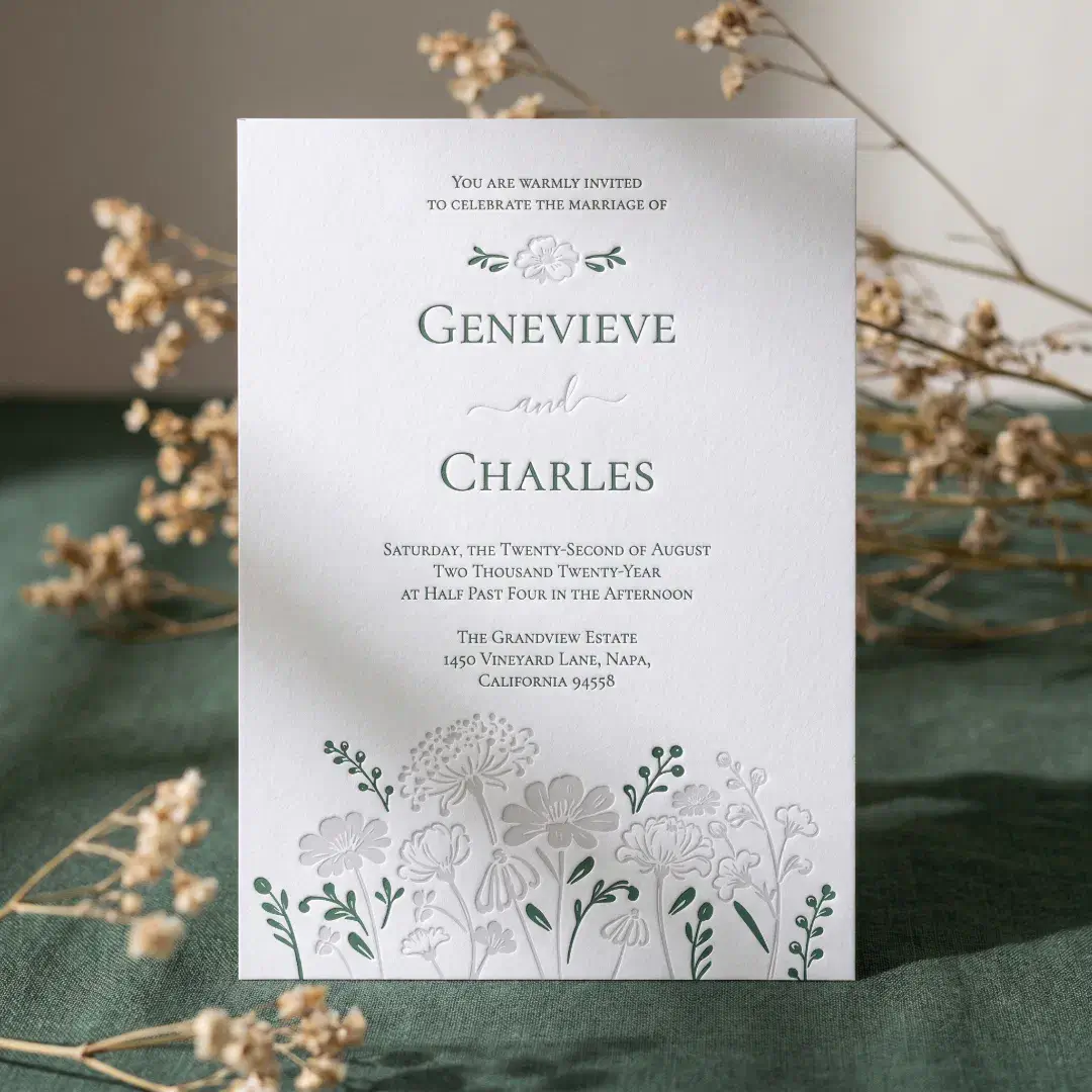 Elegant Hand-Drawn Wildflower Botanical Wedding Letterpress Invitation
