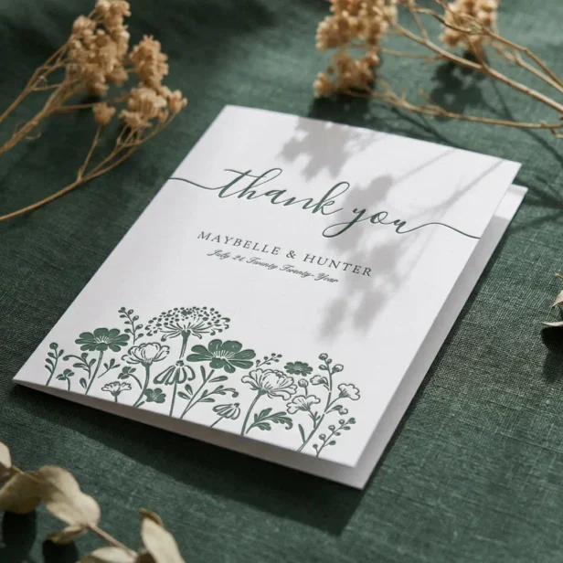 Elegant Hand-Drawn Wildflower Botanical Wedding Letterpress Thank You Card