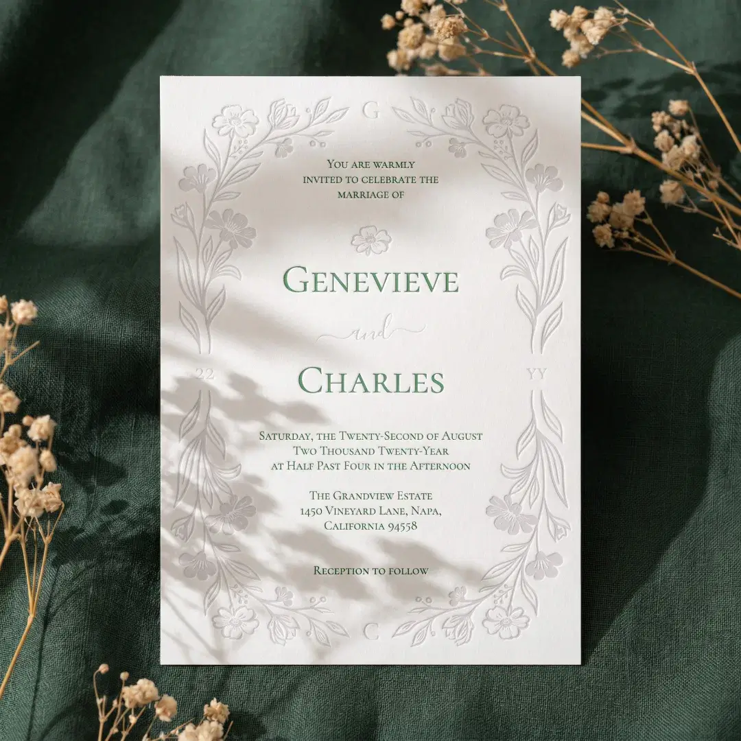 Elegant Hand-Drawn Wildflower Floral Frame Wedding Letterpress Invitation