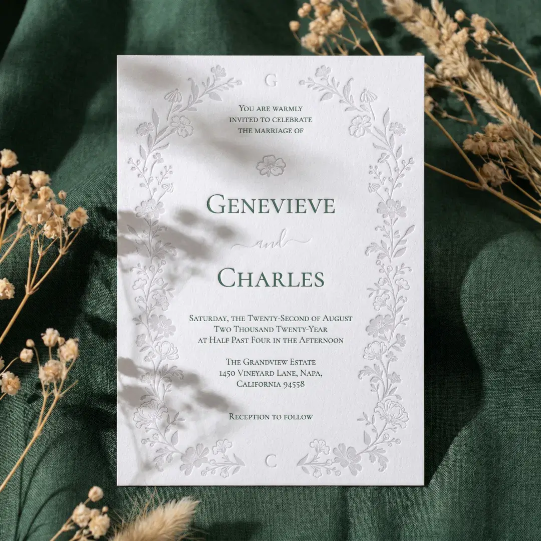 Elegant Hand-Drawn Wildflower Floral Frame Wedding Letterpress Invitation