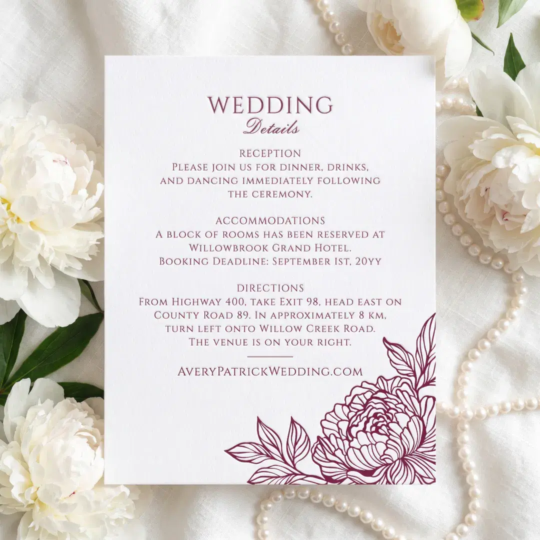 Elegant Luxury Botanical Floral Wedding Details Letterpress Enclosure Card