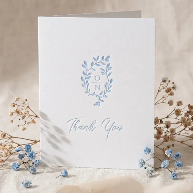 Elegant Luxury Botanical Monogram Crest Wedding Letterpress Thank You Card