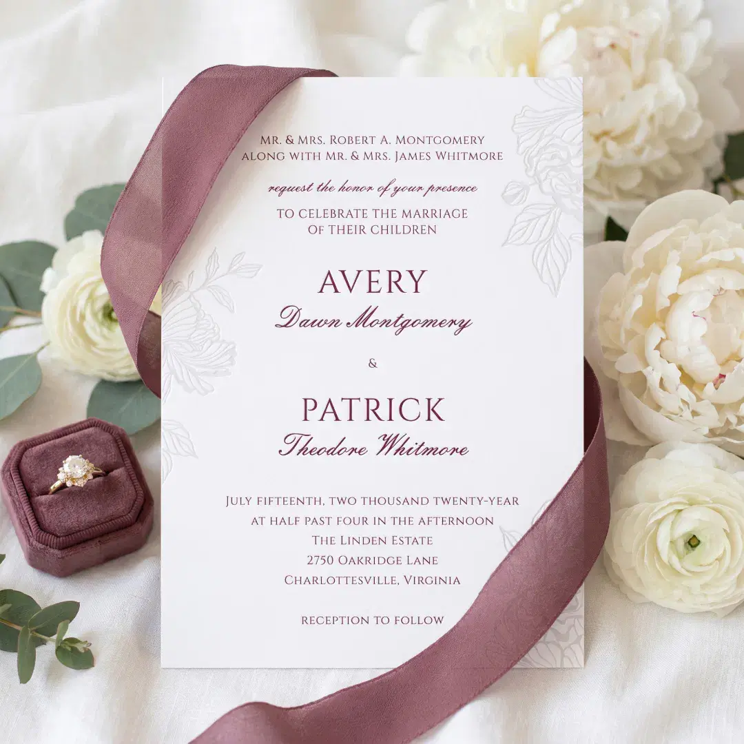 Elegant Luxury Hand Drawn Botanical Floral Wedding Letterpress Invitation
