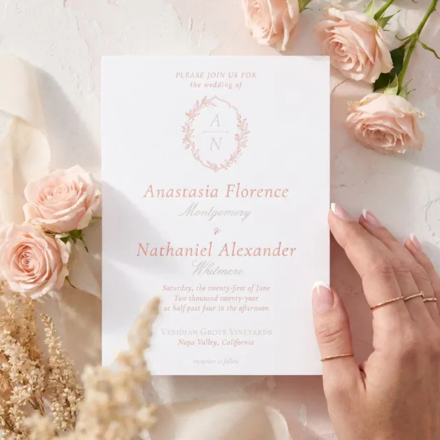 Elegant Luxury Hand Drawn Wedding Monogram Crest Letterpress Invitation