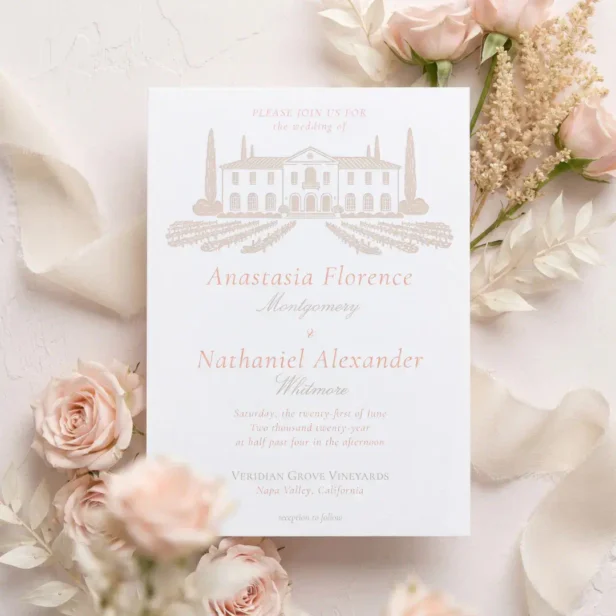 Elegant Luxury Hand Drawn Wedding Venue Sketch Letterpress Invitation