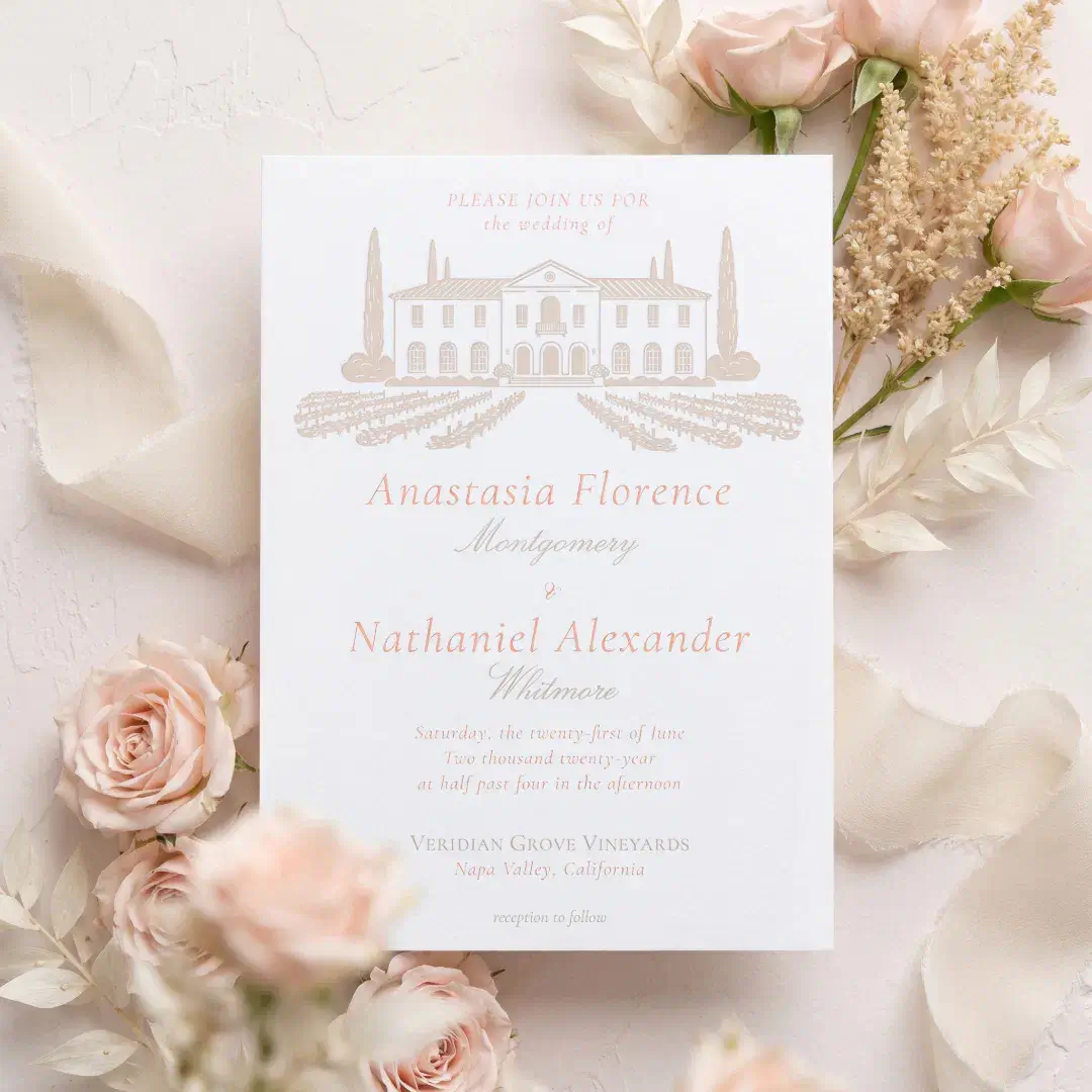 Elegant Luxury Hand Drawn Wedding Venue Sketch Letterpress Invitation