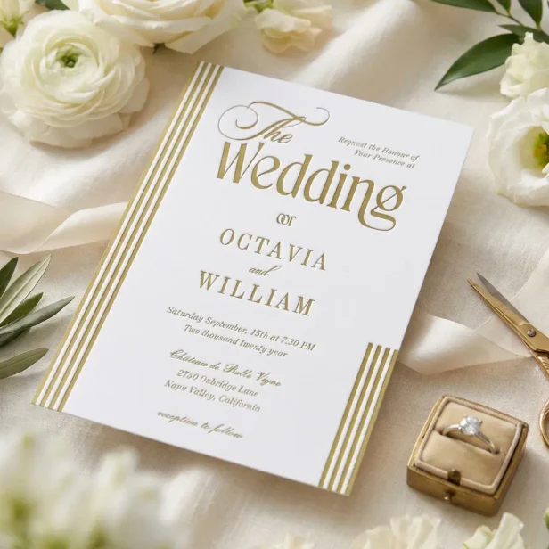 Elegant Minimal Chic Green Parisian Stripe Wedding Letterpress Invitation