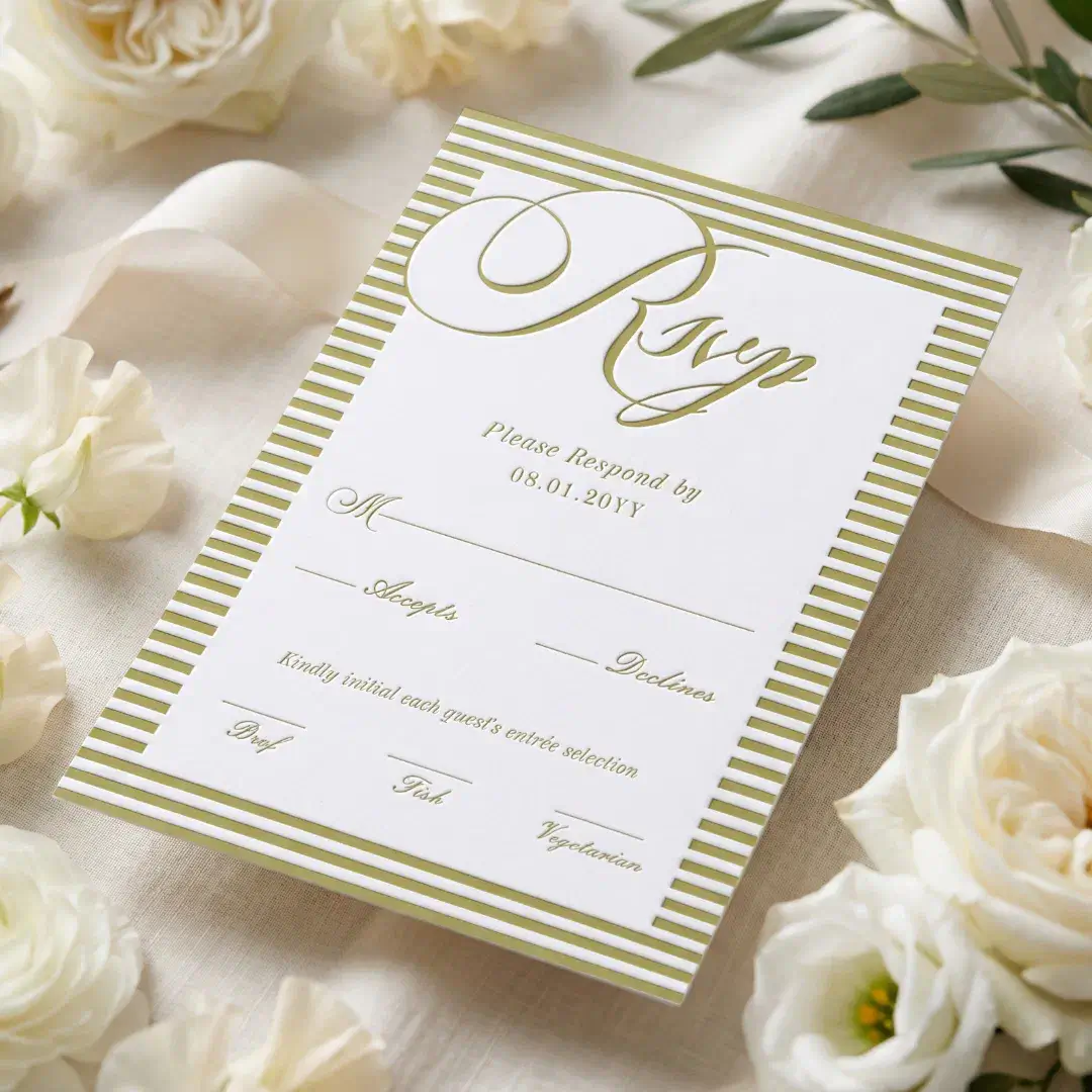Elegant Minimal Chic Green Parisian Stripe Wedding Vertical Letterpress RSVP Cards
