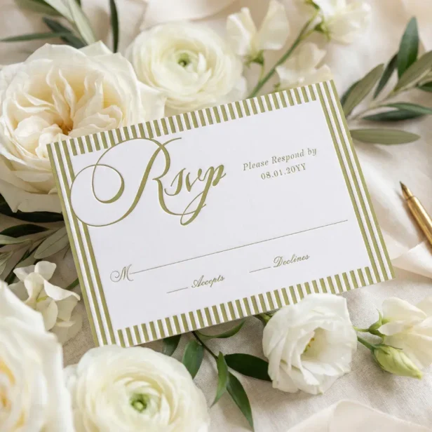 Elegant Minimal Chic Green Parisian Stripe Wedding Letterpress RSVP Cards