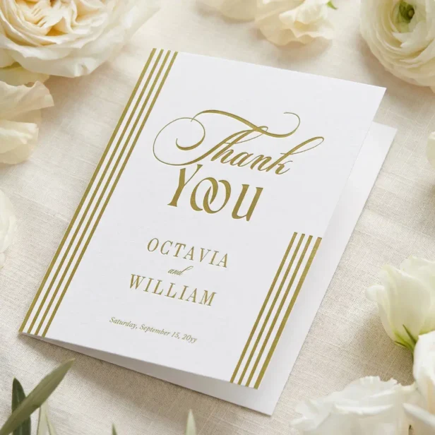 Elegant Minimal Chic Green Parisian Stripe Wedding Letterpress Thank You Card