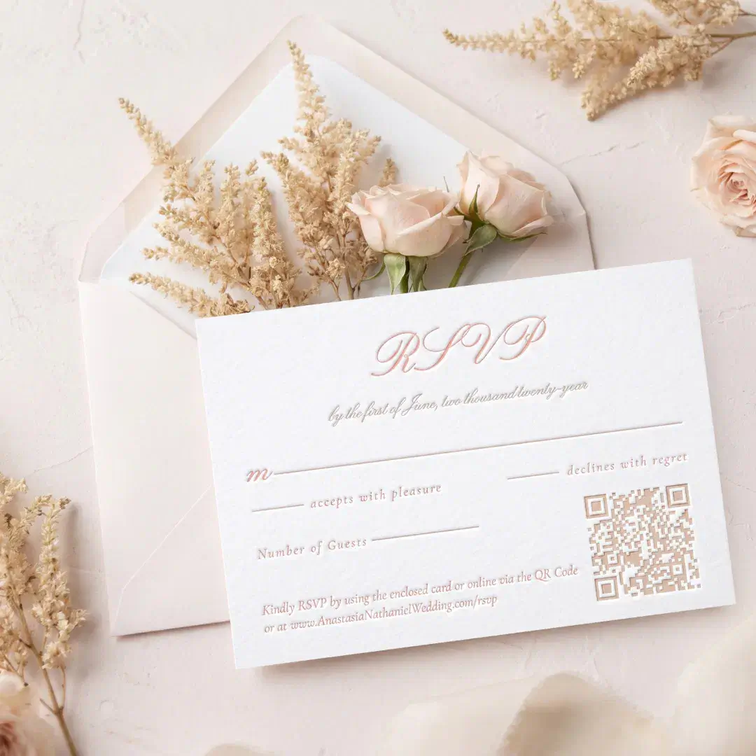 Elegant Minimal Script Calligraphy Wedding QR Code Letterpress RSVP Cards