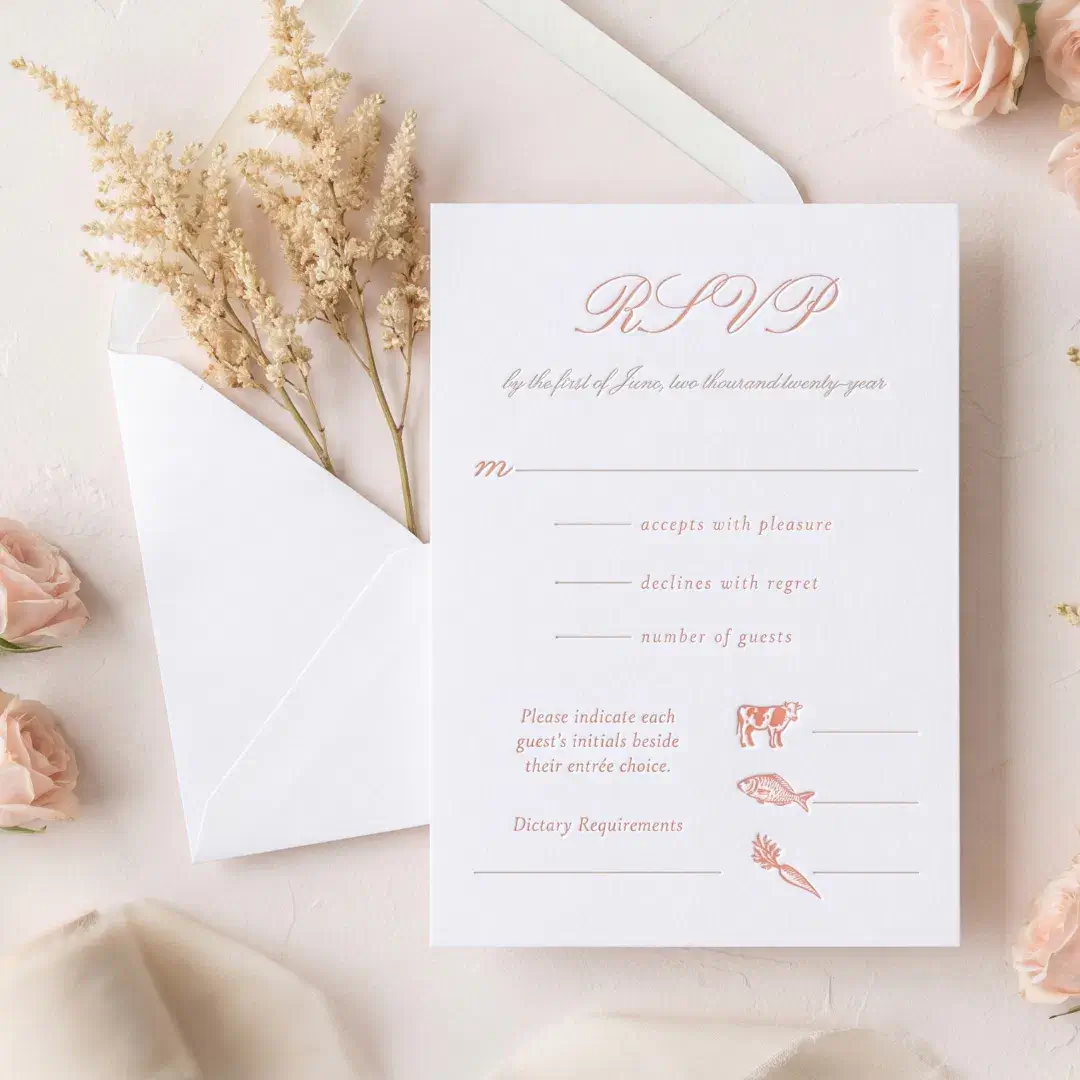 Elegant Minimal Script Wedding Entrée Selection Letterpress RSVP Cards