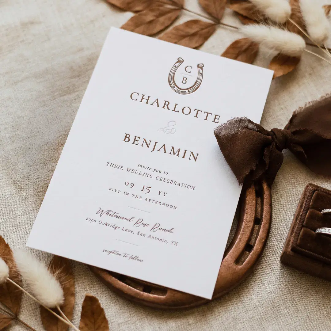 Elegant Minimal Western Horseshoe Wedding Monogram Letterpress Invitation