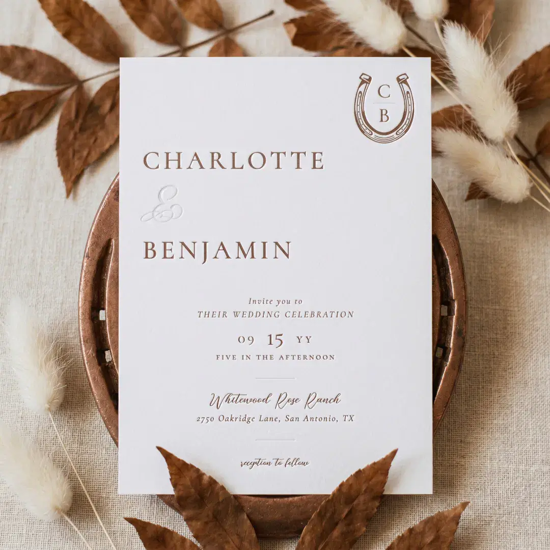 Elegant Minimal Western Horseshoe Wedding Monogram Letterpress Invitation