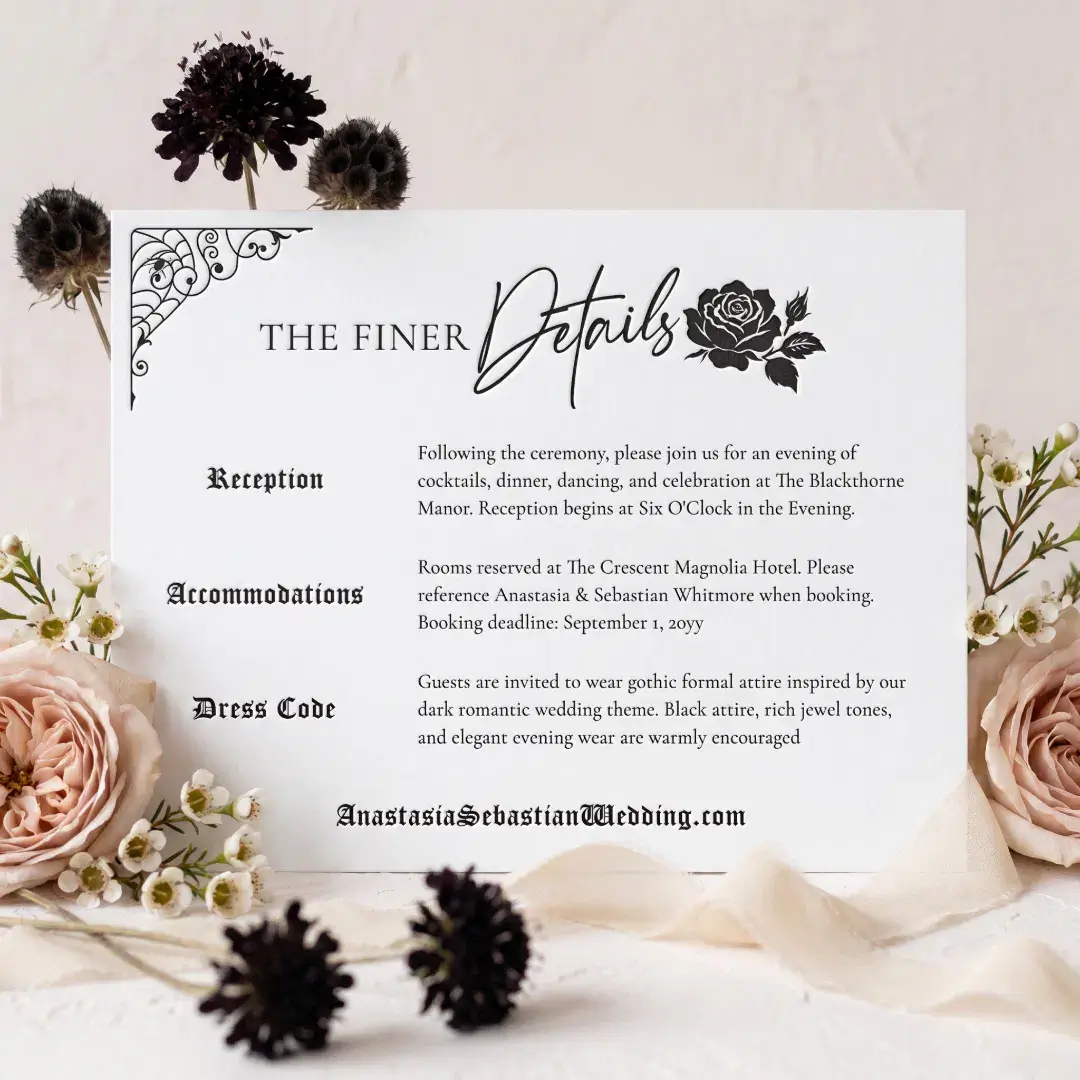 Elegant Moody Gothic Floral Rose Wedding Details Letterpress Enclosure Card