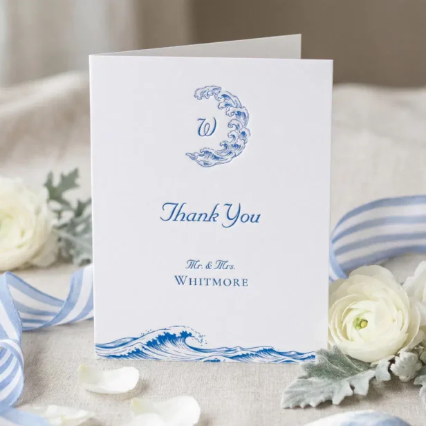 Elegant Nautical Coastal Ocean Wave Monogram Letterpress Thank You Card