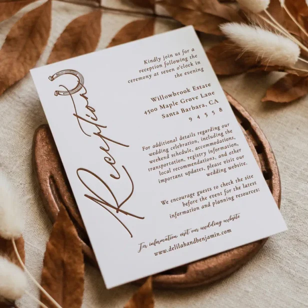 Elegant Script Horseshoe Western Wedding Reception Letterpress Enclosure Card