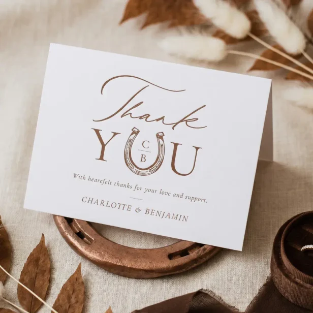 Elegant Script Western Horseshoe Wedding Monogram Letterpress Thank You Card
