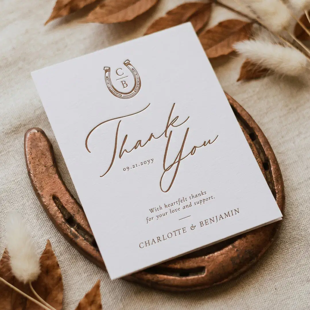 Elegant Script Western Horseshoe Wedding Monogram Letterpress Thank You Card