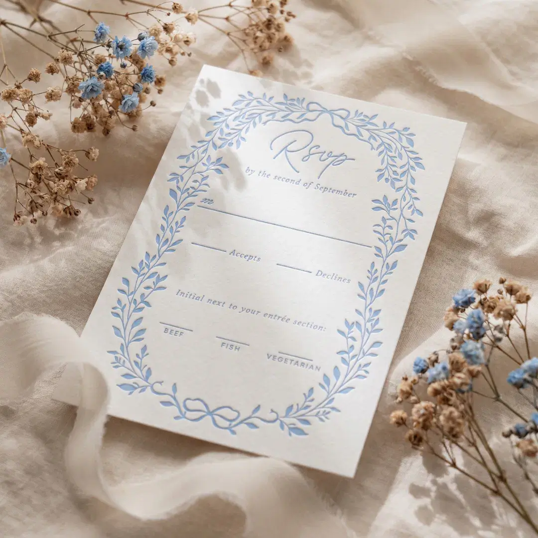 Elegant Vintage Botanical Leafy Bow Frame Wedding Letterpress RSVP Cards