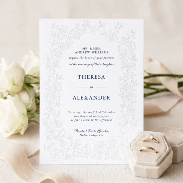Elegant Vintage Floral Botanical Line Art Wedding Letterpress Invitation