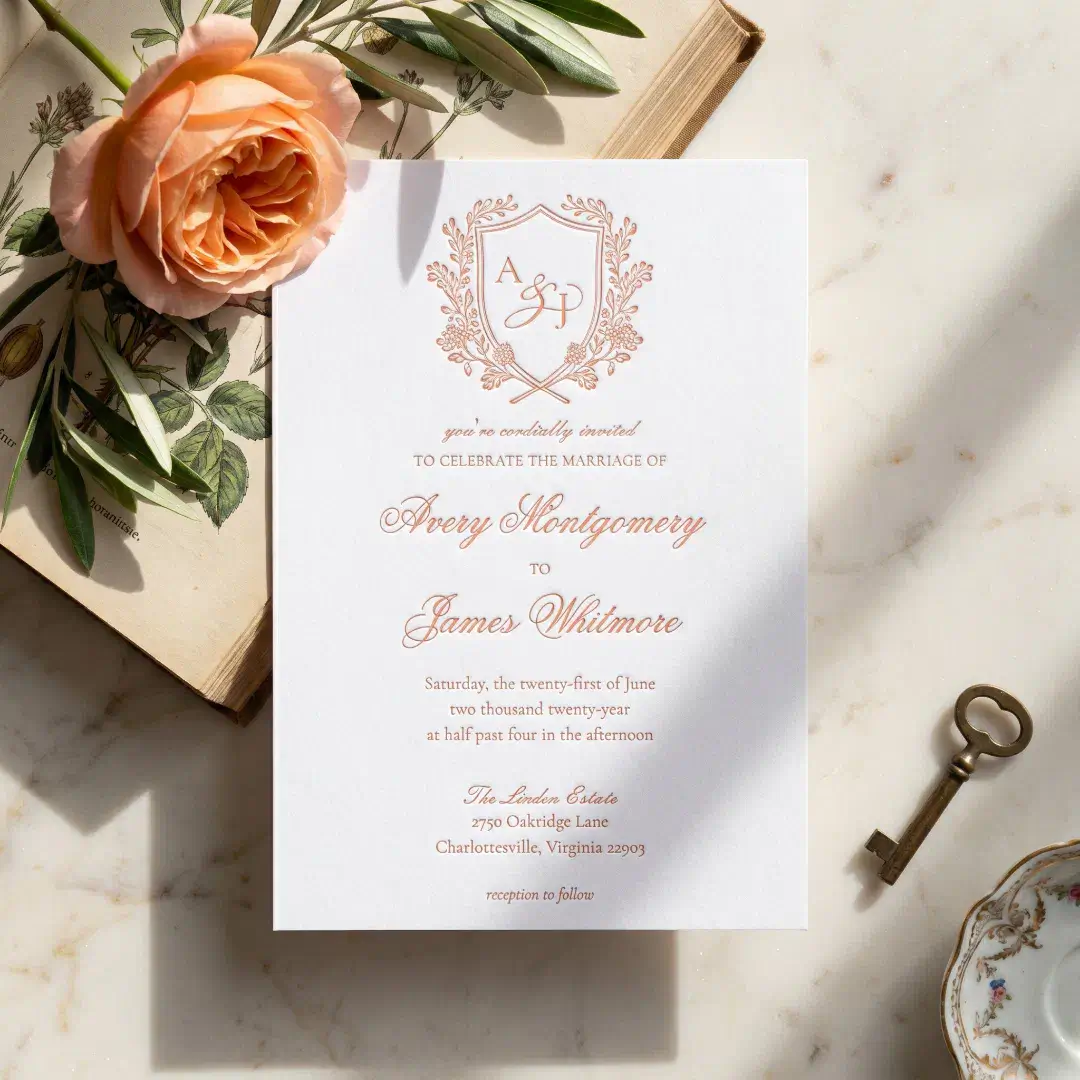 Elegant Vintage Floral Crest Monogram Wedding Letterpress Invitation