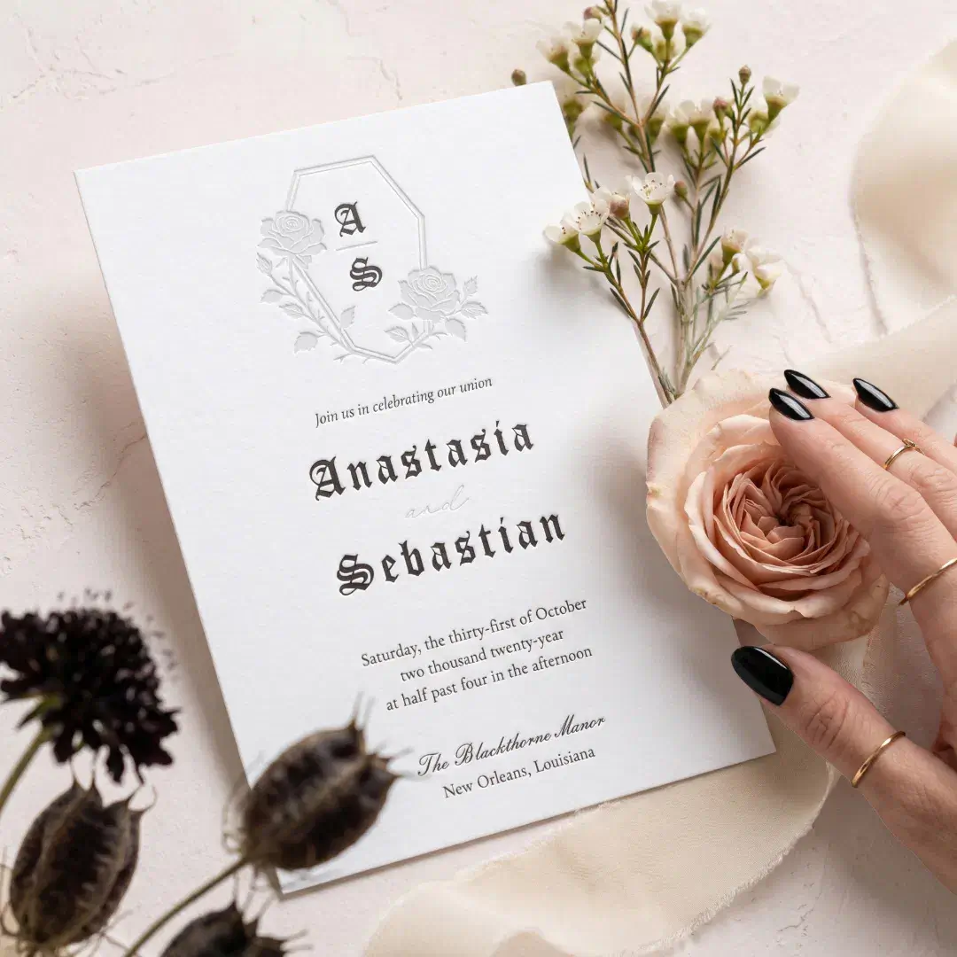 Gothic Floral Rose Coffin Monogram Crest Wedding Letterpress Invitation