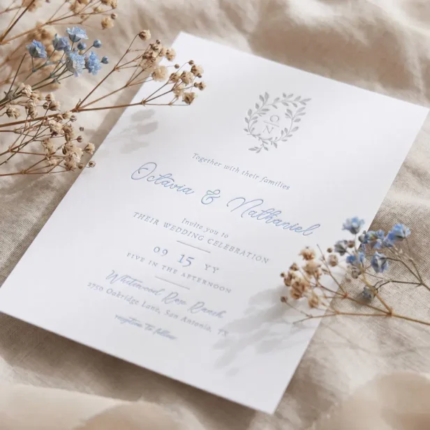Luxury Botanical Monogram Leaf Crest Wedding Letterpress Invitation