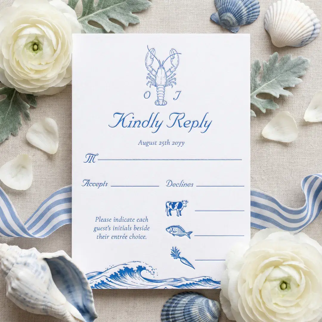 Luxury Coastal Nautical Ocean Beach Waves Wedding Letterpress RSVP Cards