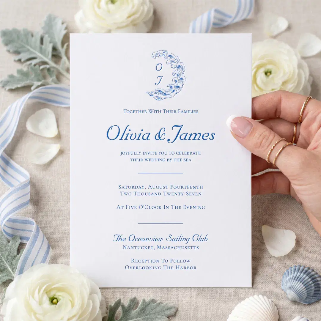 Luxury Coastal Wave Crest Monogram Beach Wedding Letterpress Invitation