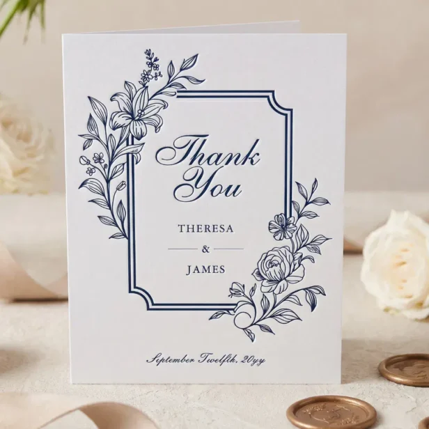 Luxury Elegant Hand Drawn Floral Botanical Wedding Letterpress Thank You Card