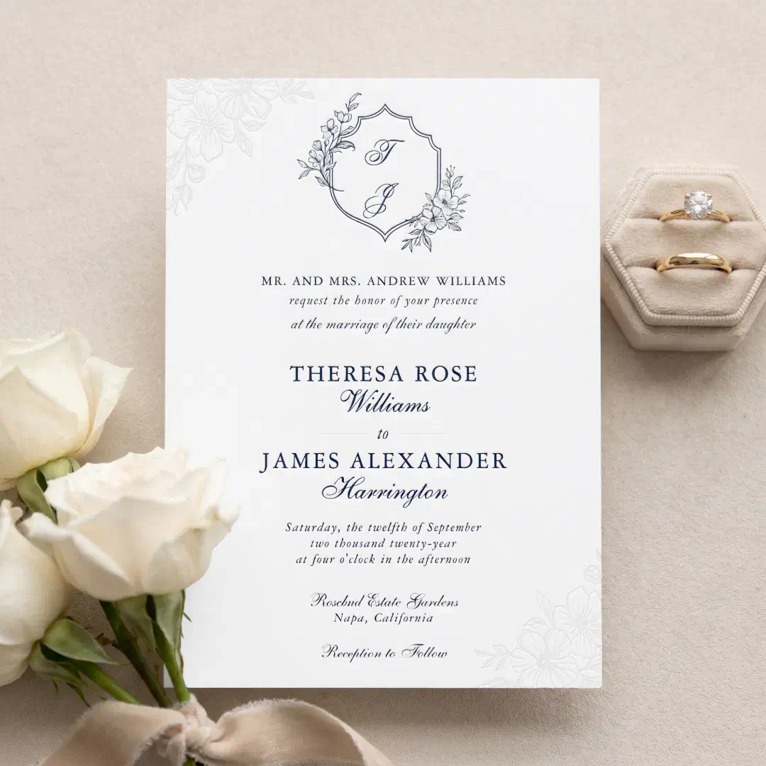 Luxury Floral Botanical Wedding Monogram Crest Letterpress Invitation