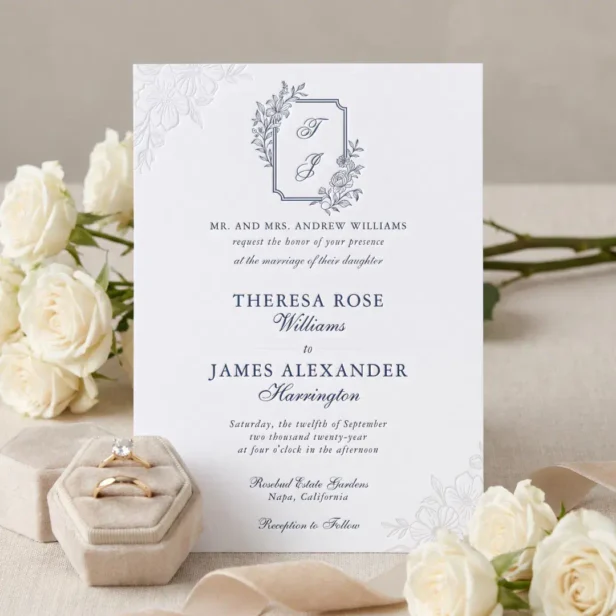 Luxury Floral Botanical Wedding Monogram Crest Letterpress Invitation