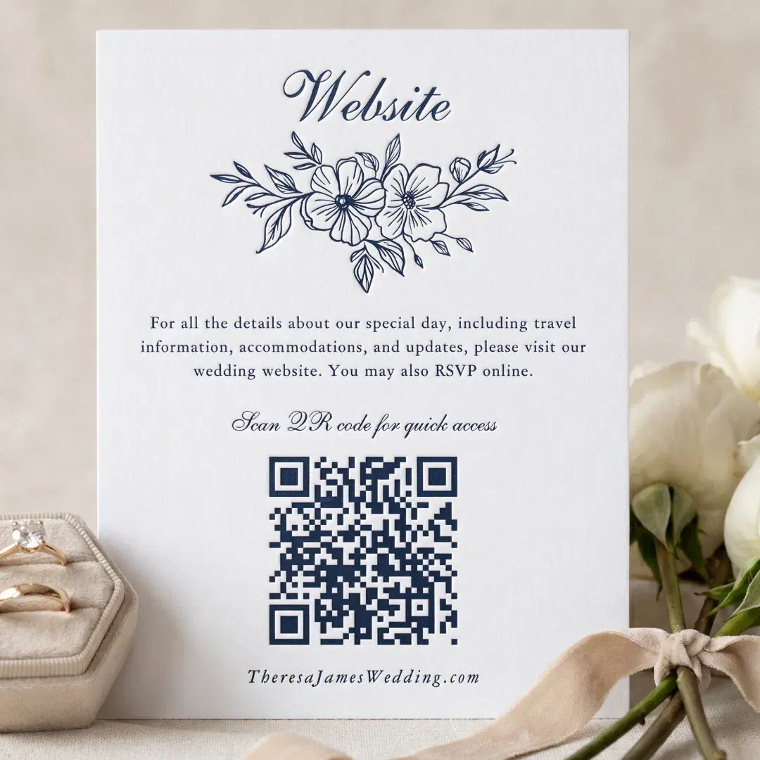 Luxury Hand Drawn Floral Wedding Website QR Code Letterpress Enclosure Card