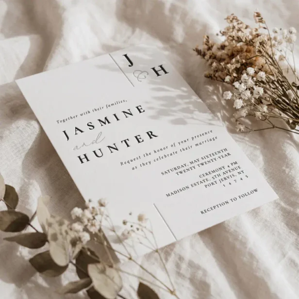 Luxury Simple Modern Minimal Monogram Wedding Letterpress Invitation