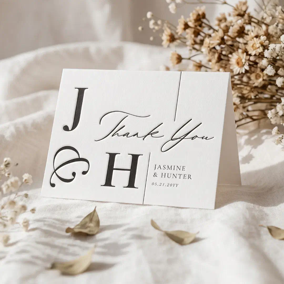 Luxury Simple Modern Minimal Monogram Wedding Letterpress Thank You Card
