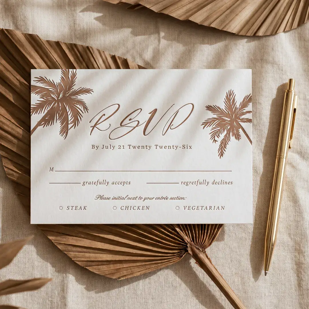 Minimal Boho Tropical Palm Trees Beach Wedding Letterpress RSVP Cards