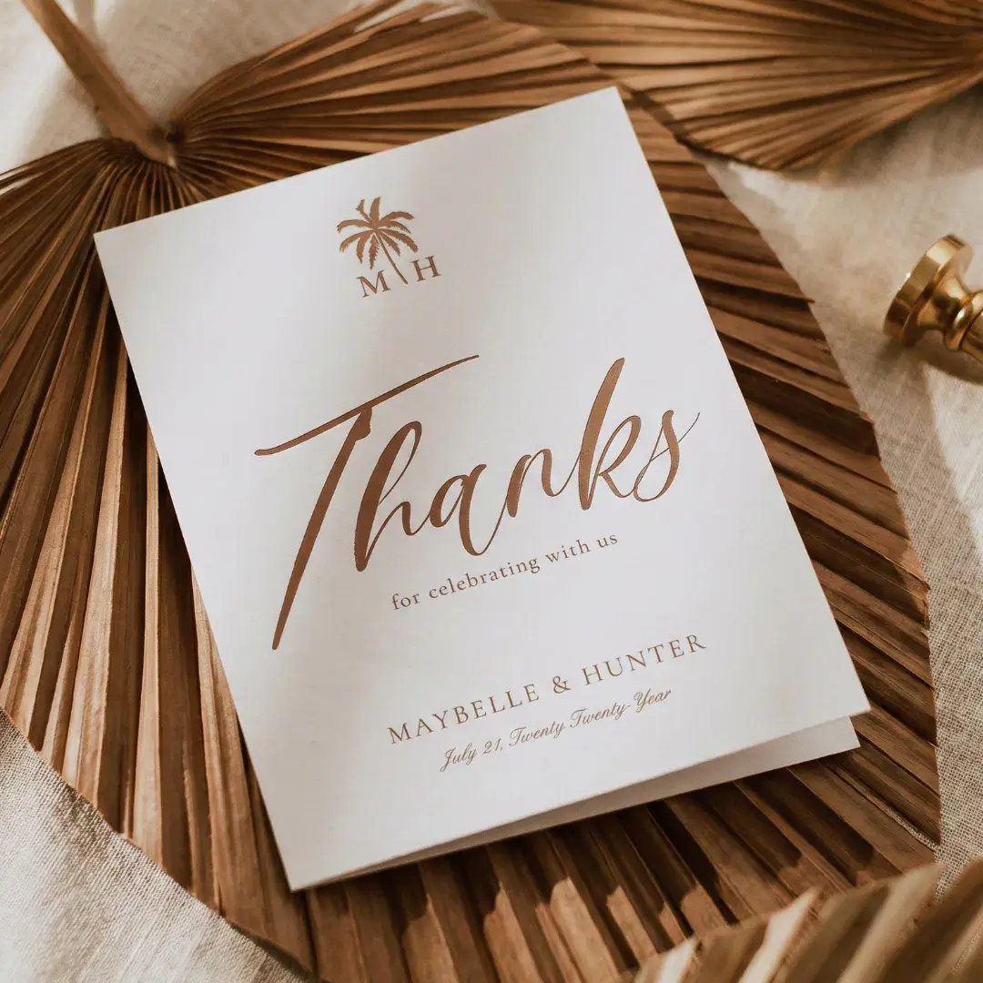 Minimal Boho Tropical Palm Trees Beach Wedding Letterpress Thank You Card